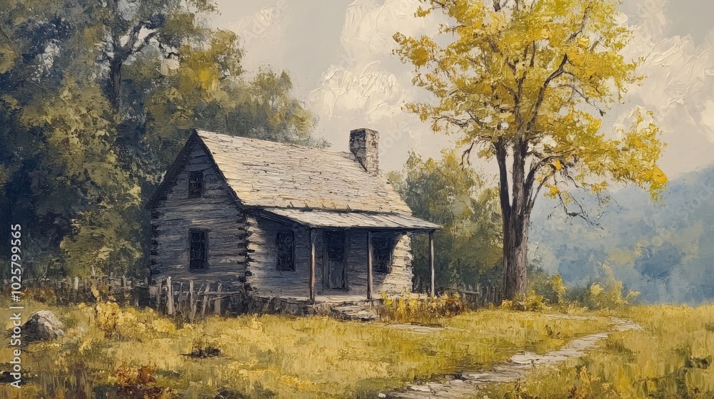 Charming Rustic Cabin in Autumn Landscape Charming Rustic Cabin in Autumn Landscape