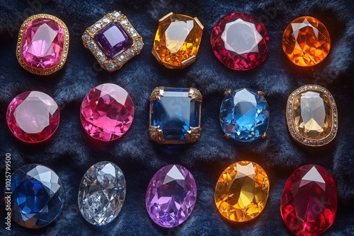 A vibrant array of colorful gemstones like rubies and sapphires on dark photo