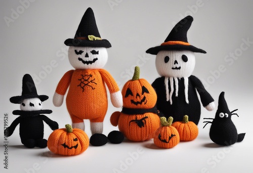 A collection of Halloween-themed knitted toys displayed against a plain white background.