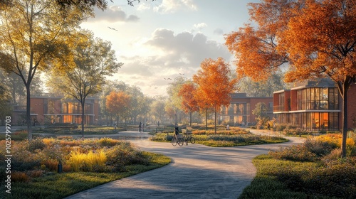 A modern urban public space with wide sidewalks, bike lanes, and tree-lined paths, promoting walkability and community interaction in the city.