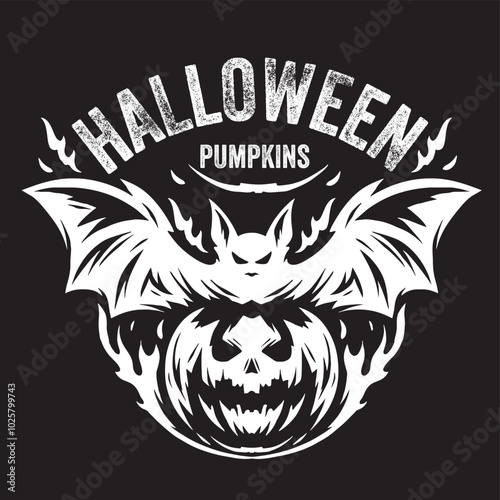 Vintage illustration of pumpkin with halloween bat