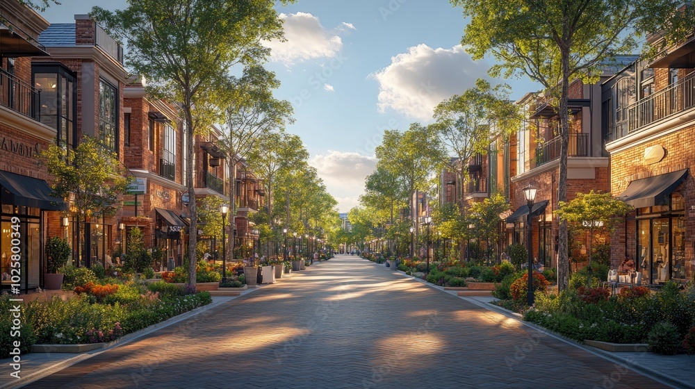 A well-designed urban street with wide sidewalks, tree-lined paths, and a mix of shops and residential buildings, promoting walkability and community interaction. A well-designed urban street with wide sidewalks, tree-lined paths, and a mix of shops and residential buildings, promoting walkability and community interaction.