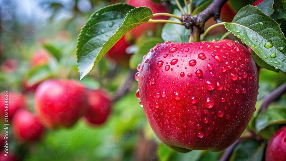 Close-up raindrops on red ripe apples in orchard ready for harvesting Close-up raindrops on red ripe apples in orchard ready for harvesting