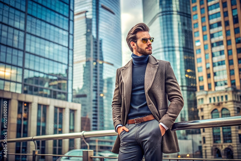 Fototapeta premium Stylish City Look A Fashionable Man Against the Urban Landscape