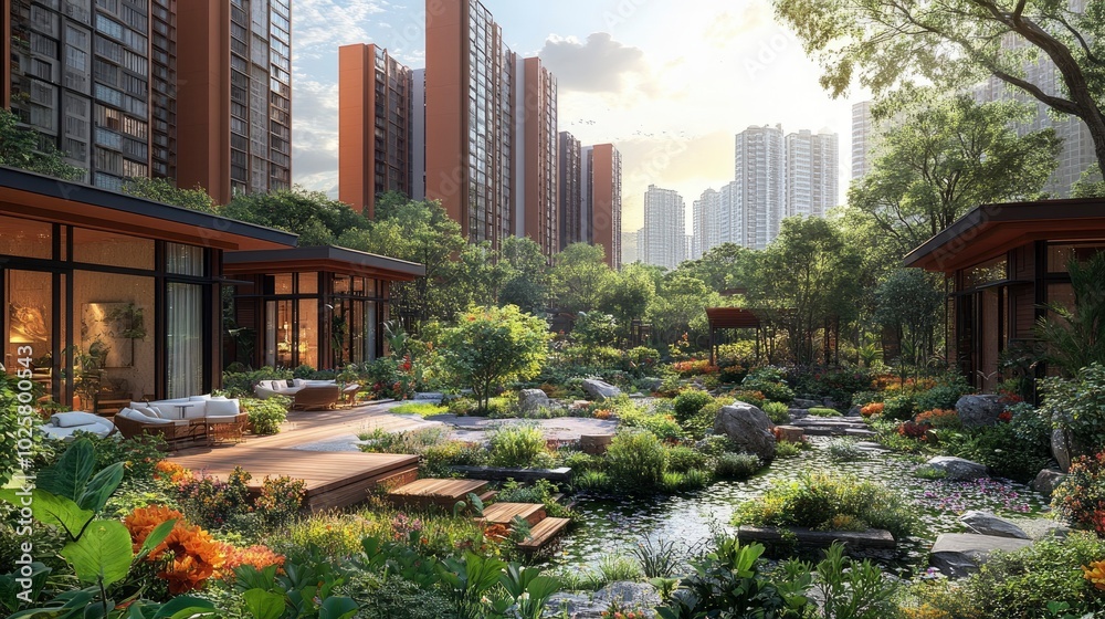 Fototapeta premium A meticulously planned urban housing development with eco-friendly designs, communal gardens, and shared spaces, promoting sustainable and community-oriented living.