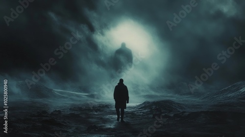 Mysterious silhouette in dark landscape