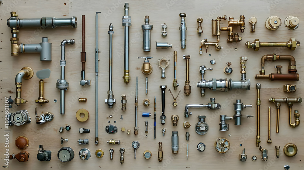 Collection of Various Metal Pipes and Fittings on Wooden Background