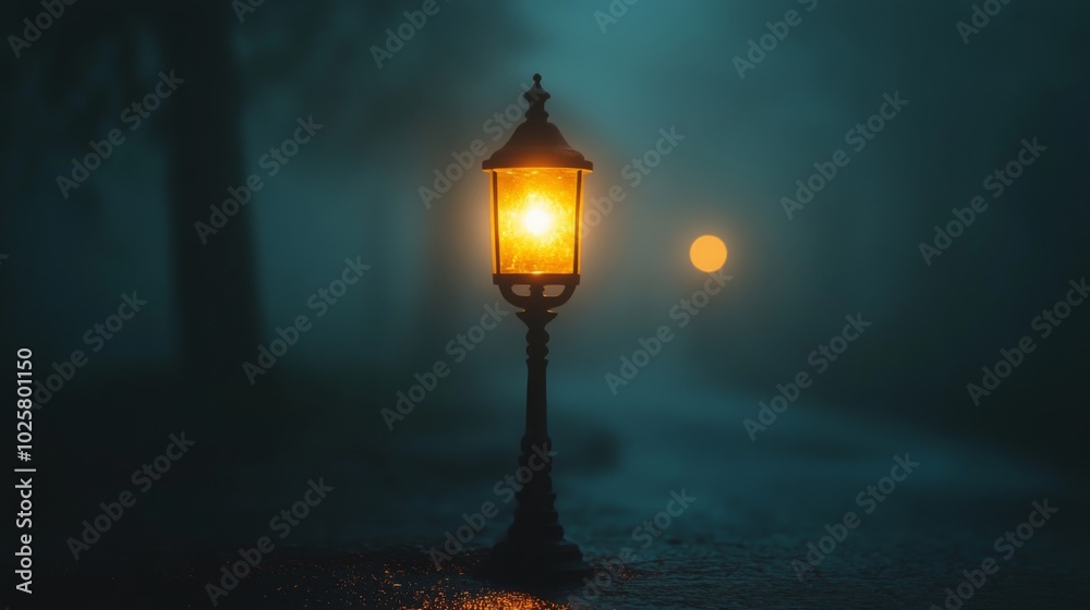 Mysterious Street Lamp in Foggy Night Mysterious Street Lamp in Foggy Night