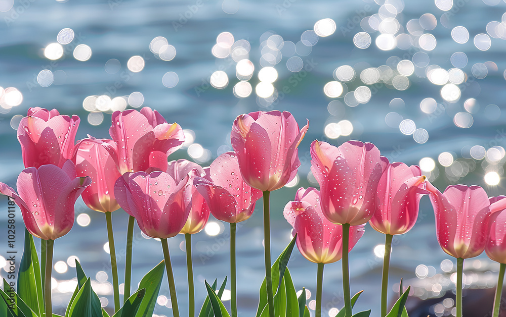 Fototapeta premium field of pink tulips in full bloom, with the sea reflecting silver light behind them. The flowers have delicate petals and vibrant colors, creating an enchanting scene in the style of the water's edge