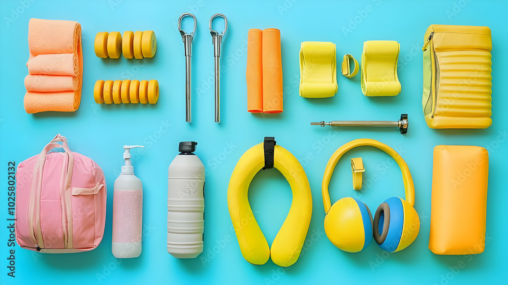 Fitness Accessories Arranged Neatly on a Vibrant Blue Background