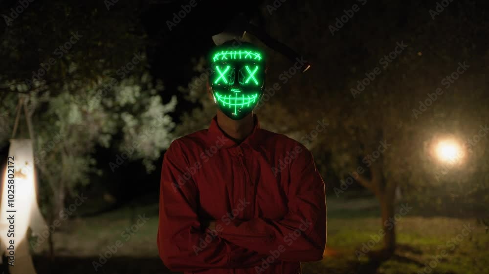 Man With Anonymous Glowing Mask At Night In The Dark Halloween Forest Man With Anonymous Glowing Mask At Night In The Dark Halloween Forest