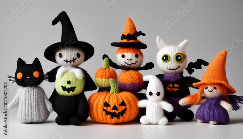 A collection of Halloween-themed knitted toys displayed against a plain white background.