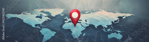 A close-up of a global map with a prominent location pin, illustrating navigation and geolocation concepts.