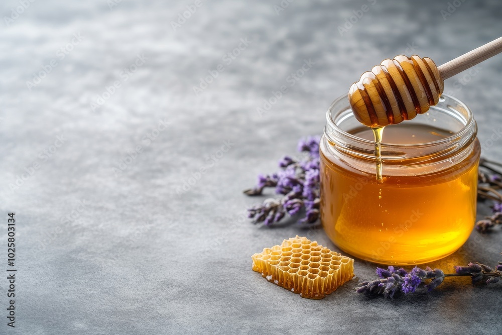 Open Jar With Honey, Flowers, And Honeycomb Open Jar With Honey, Flowers, And Honeycomb