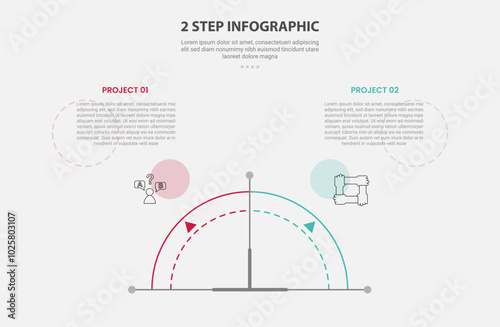 2 points template infographic outline style with 2 point stage or step comparison template with half circle gauge speedometer shape for slide presentation