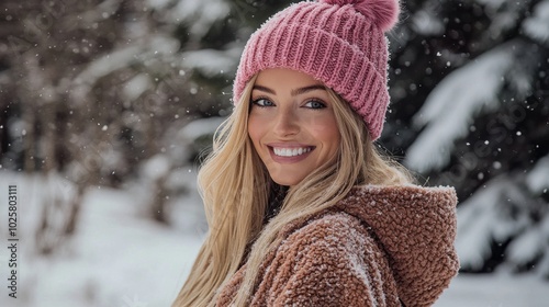 A woman wearing a pink hat and smiling in the snow