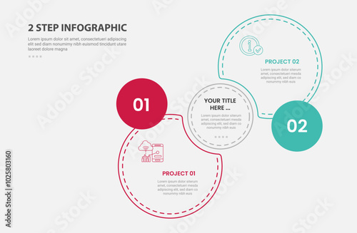 2 points template infographic outline style with 2 point stage or step comparison template with join or venn circle with dotted line for slide presentation