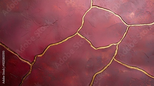 Cracked Rich Burgundy Clay Wall SUrfface with Gold Cracks on it in Kintsugi style Representing Scars as Proof of Strength, Imperfection as Beauty photo