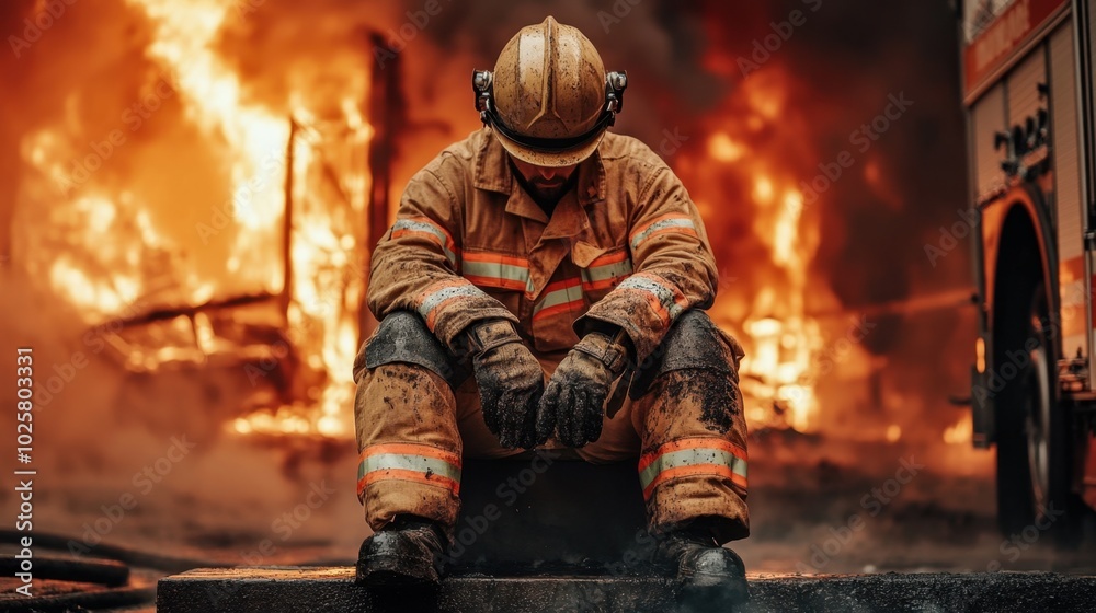 Firefighter Sitting on Steps of Fire Truck Firefighter Sitting on Steps of Fire Truck