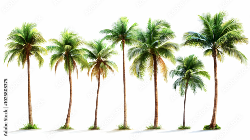 Seven Tall Palm Trees Stand on White Background with Grass