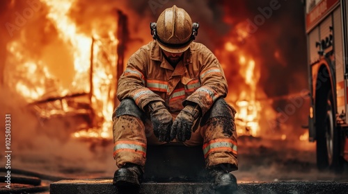 Firefighter Sitting on Steps of Fire Truck photo