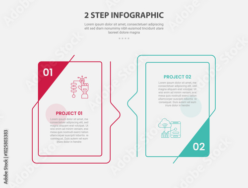 2 points template infographic outline style with 2 point stage or step comparison template with creative box with bookmark badge on side for slide presentation