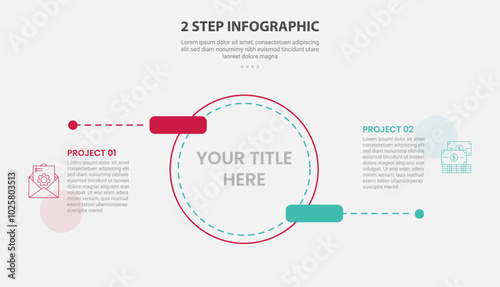2 points template infographic outline style with 2 point stage or step comparison template with big circle and round rectangle pointer up and down for slide presentation