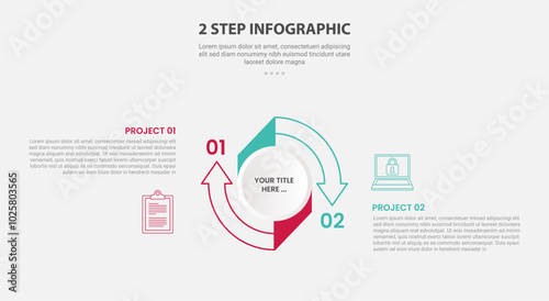 2 points template infographic outline style with 2 point stage or step comparison template with big circle arrow outline cycle circular for slide presentation