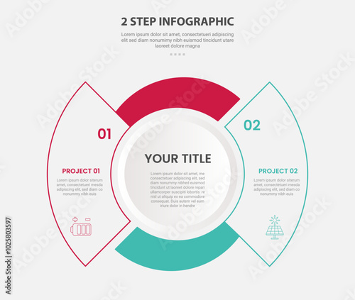 2 points template infographic outline style with 2 point stage or step comparison template with circle and pie chart shape for slide presentation