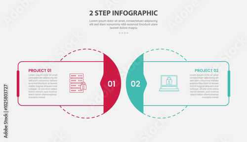 2 points template infographic outline style with 2 point stage or step comparison template with rectangle and circle blend with dotted line for slide presentation