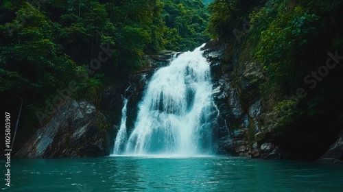 A powerful waterfall cascades down rocky cliffs into a serene pool of turquoise water, surrounded by lush green foliage.