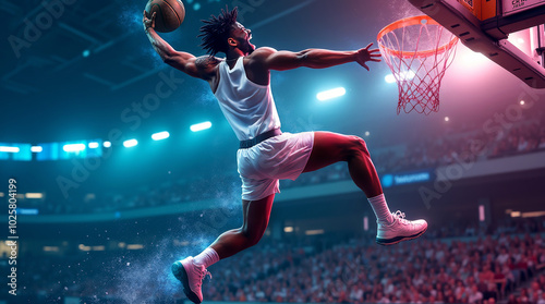 A skilled basketball player leaps high into the air, executing a powerful slam dunk as fans cheer from the stands in a vibrant arena atmosphere