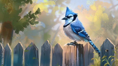 A Blue Jay Perched on a Wooden Fence Post photo