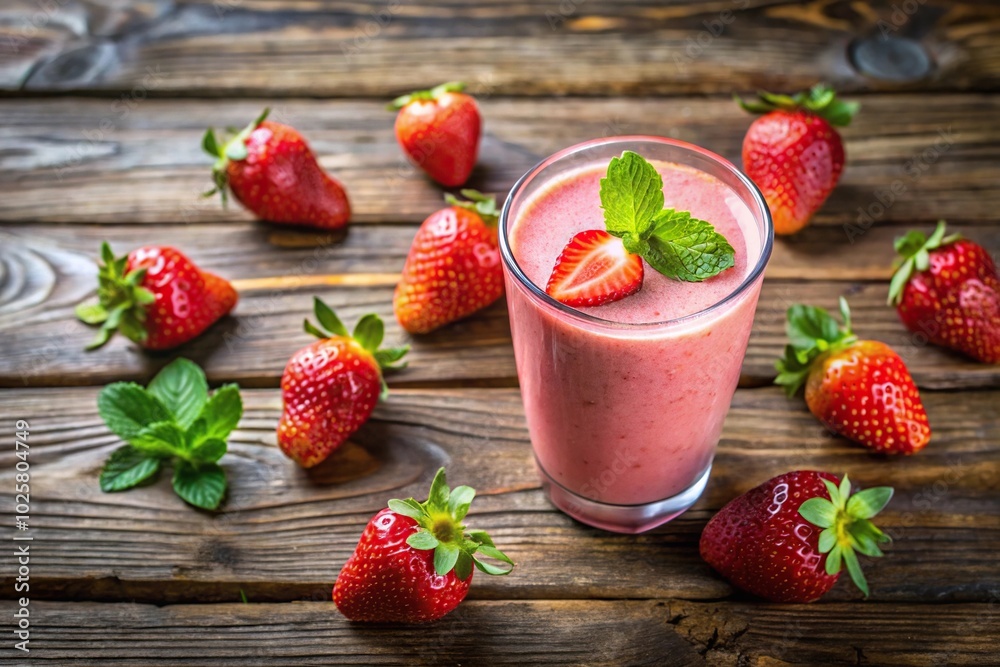 Close-up shot of a refreshing summer strawberry smoothie on a textured rustic wooden background Close-up shot of a refreshing summer strawberry smoothie on a textured rustic wooden background