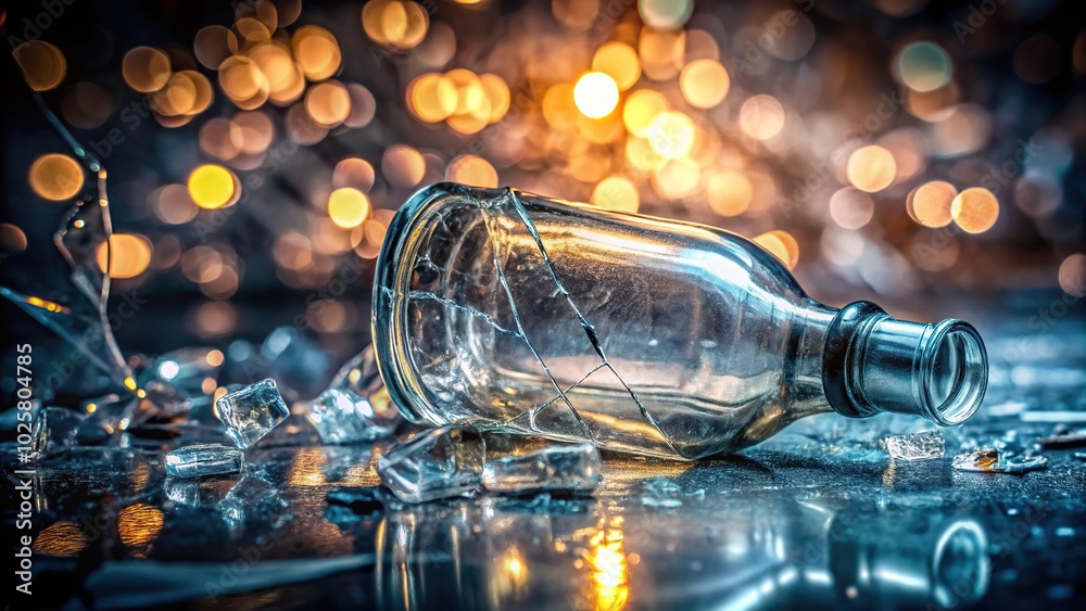 Closeup shot of a shattered glass bottle on dark ground with bokeh Closeup shot of a shattered glass bottle on dark ground with bokeh