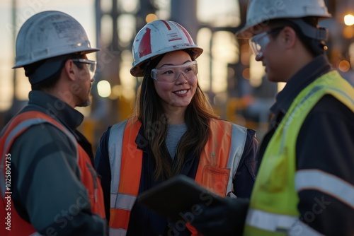 Construction workers discussing project at industrial site