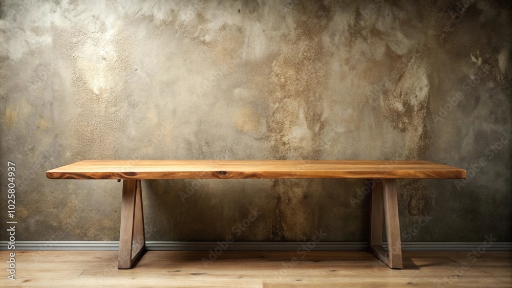 Close-up shot of a wooden long slab table against a stucco wall background Close-up shot of a wooden long slab table against a stucco wall background
