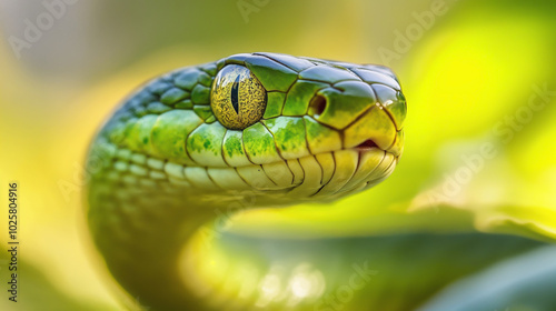 Close-up of a vibrant nice green snake Symbol of 2025. Green tree python. The snake's golden eyes and textured skin are vividly captured.