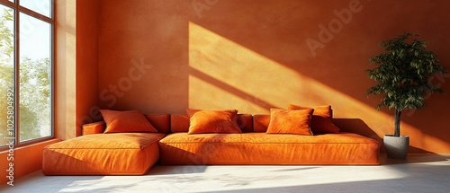 Wallpaper Mural A warm terra cotta corner sofa in a well-lit room with a window, perfect for relaxation and comfort. Torontodigital.ca