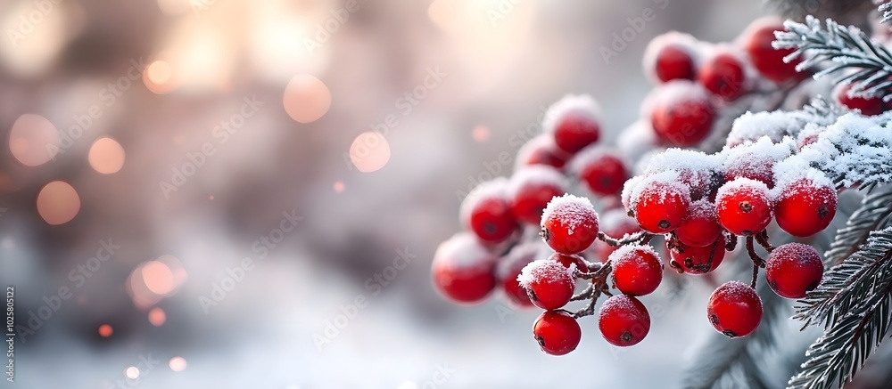 Bright red berries covered with a thin layer of frost. The contrast between the bright berries and the icy, blurred background creates a striking visual effect. Bright red berries covered with a thin layer of frost. The contrast between the bright berries and the icy, blurred background creates a striking visual effect.