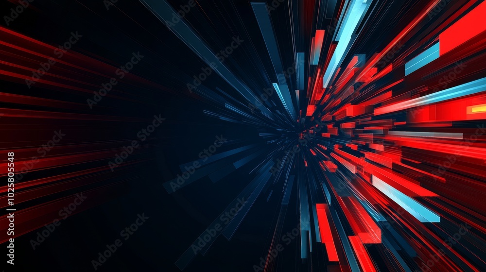 Fototapeta premium Abstract digital illustration with vibrant red and blue lines radiating from a central point.