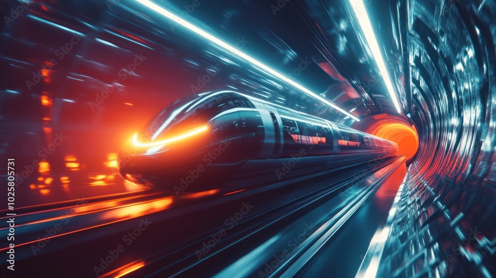 A futuristic train exiting a sleek, hyperloop-style tunnel, with a streamlined design and glowing lights, racing through a cutting-edge transportation network