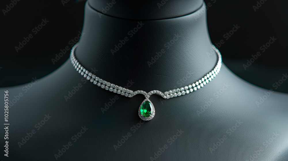 Diamond Necklace with Green Emerald Gemstone Jewelry.. Black Background. full ultra hd, high resolution Diamond Necklace with Green Emerald Gemstone Jewelry.. Black Background. full ultra hd, high resolution