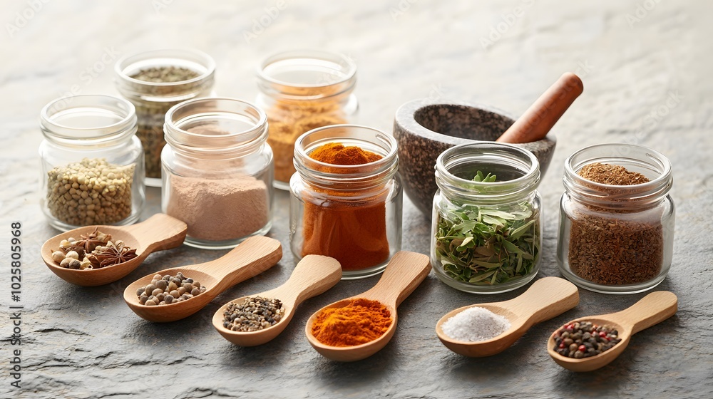 Colorful Flat Lay of Spices and Herbs in Jars Colorful Flat Lay of Spices and Herbs in Jars
