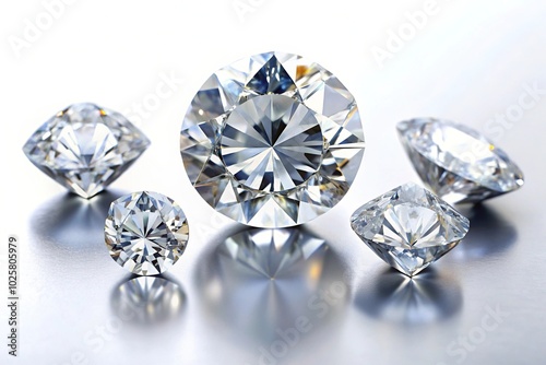 Close-up shot of five various diamonds on a white background photo