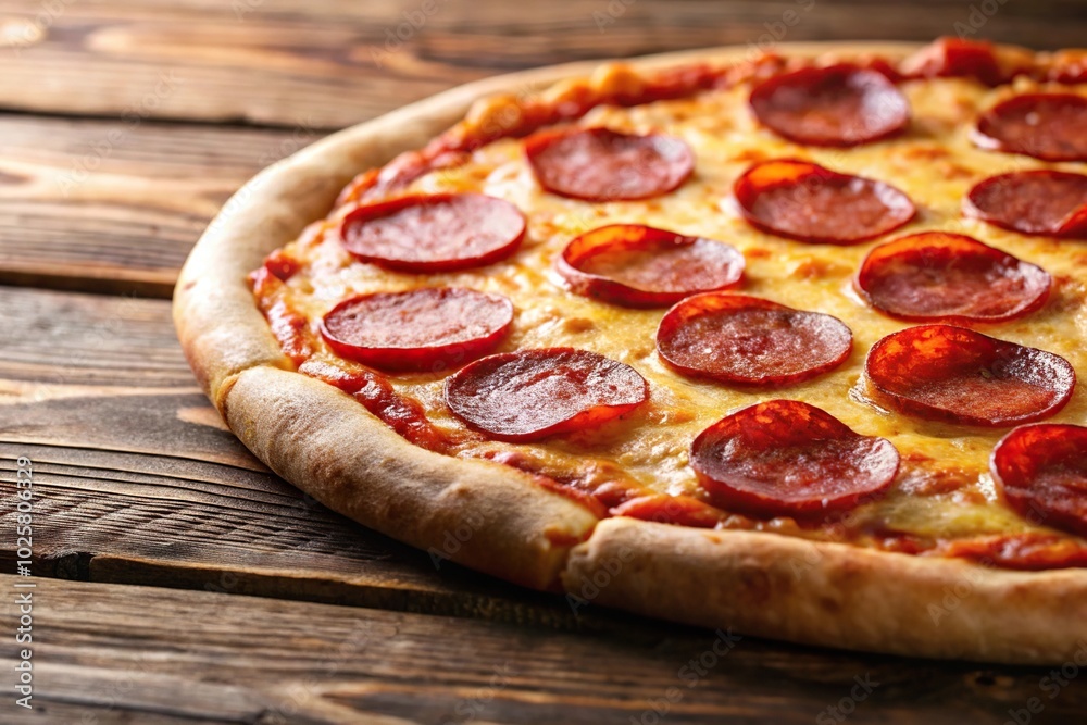 Close-up shot of pepperoni pizza on wooden table with shallow Depth of Field