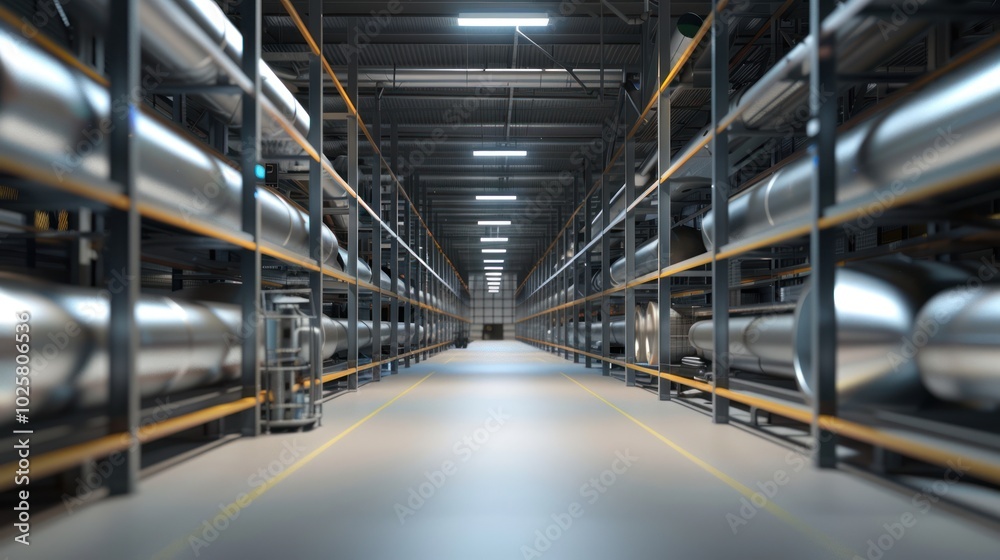 Industrial Warehouse with Rows of Metal Pipes on Shelving Industrial Warehouse with Rows of Metal Pipes on Shelving
