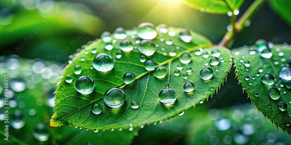 Close-up shot of water droplets on vibrant green leaves in a forest setting Close-up shot of water droplets on vibrant green leaves in a forest setting