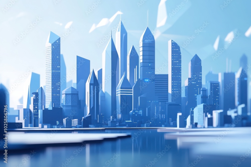 Futuristic city skyline with geometric skyscrapers Futuristic city skyline with geometric skyscrapers
