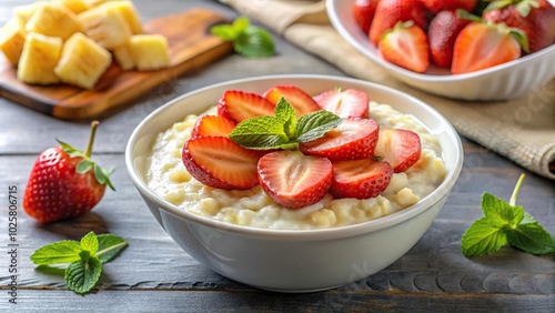 Close-up shot of Turkish dessert rice pudding with banana, strawberry, and honey